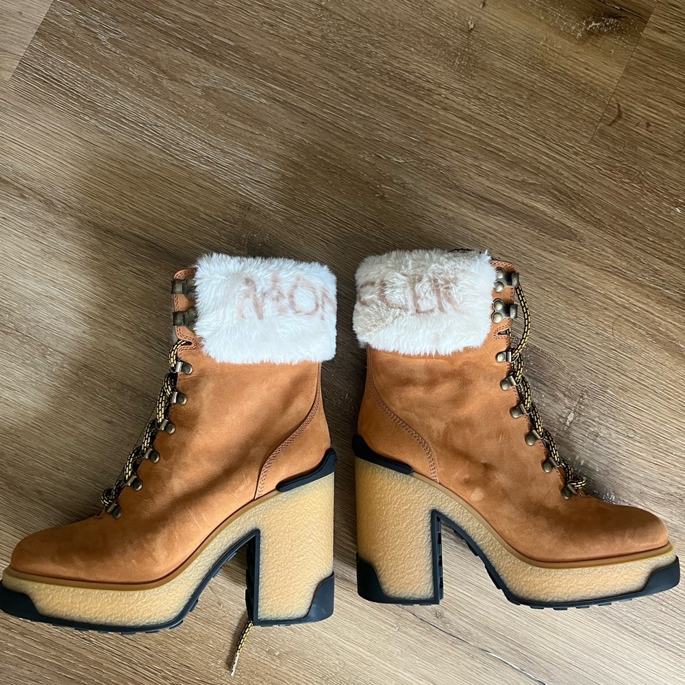 Moncler Tan and Cream Heeled Boots